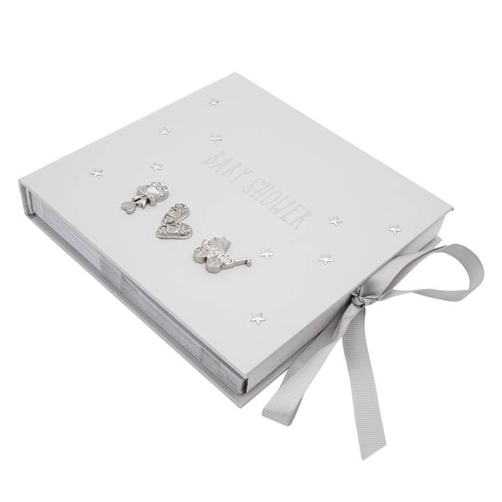 Happy Homewares – wholesale Photo album – Child & baby – Baby Shower Photo Album with Silver Plated Rattle Pram and Booties1