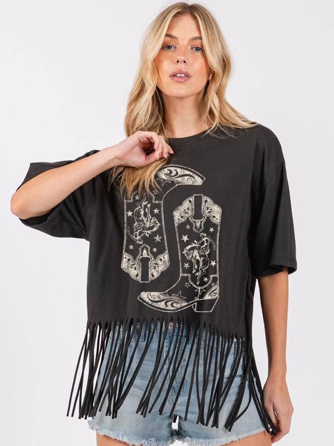 Vintage Cowboy Boots Graphic S/S Fringe Tee for wholesale by Zutter