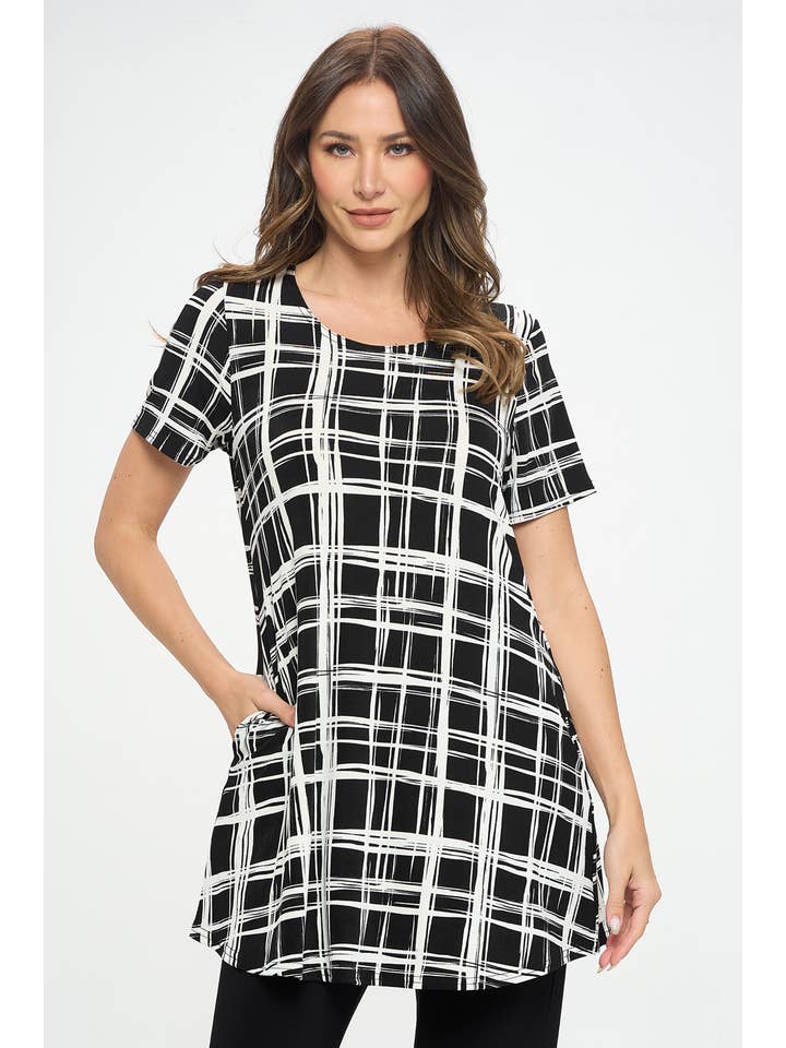 Jostar - Wholesale Tunic - Women's - Round Neck Short Sleeve Top with Pockets-386BN-SRP1-K-W387