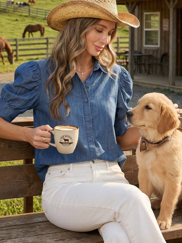 Collared Puff Sleeve 100%Tencel Chambray Denim ShirtVT81707K for wholesale by Vine & Love