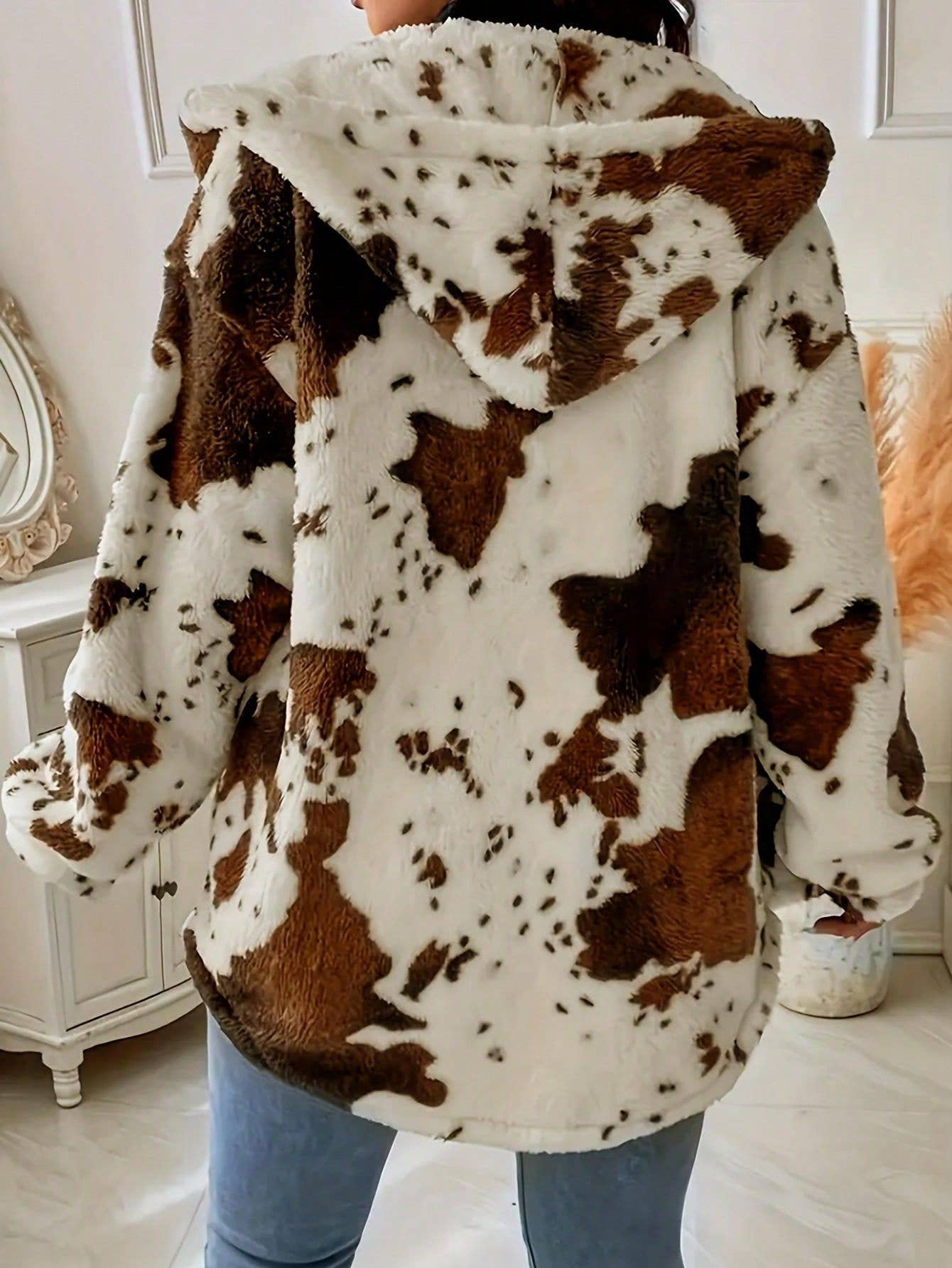 BROWN FASHION PLUSH FEMALE COW PRINT ZIPPER HOODIE for wholesale on Faire4