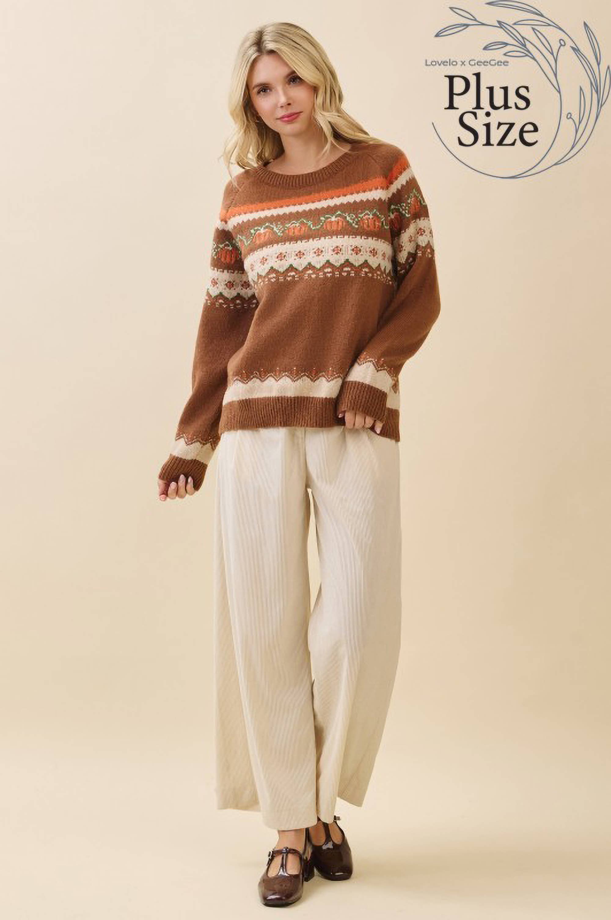 Brown Multi Plus Autumn Pumpkin Knit Sweater OT52161PL for wholesale on Faire8