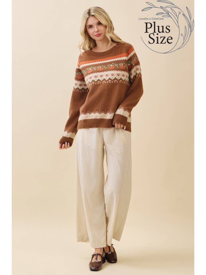 Brown Multi Plus Autumn Pumpkin Knit Sweater OT52161PL for wholesale on Faire8