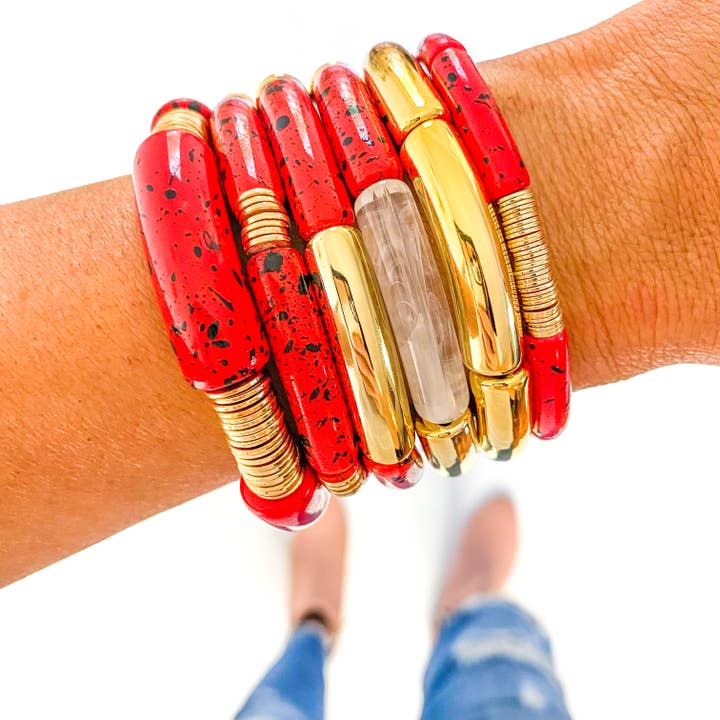 Savvy Bling - Wholesale Beaded Bracelet - Red & Black Speckle Acrylic Tube Bamboo Bracelet9