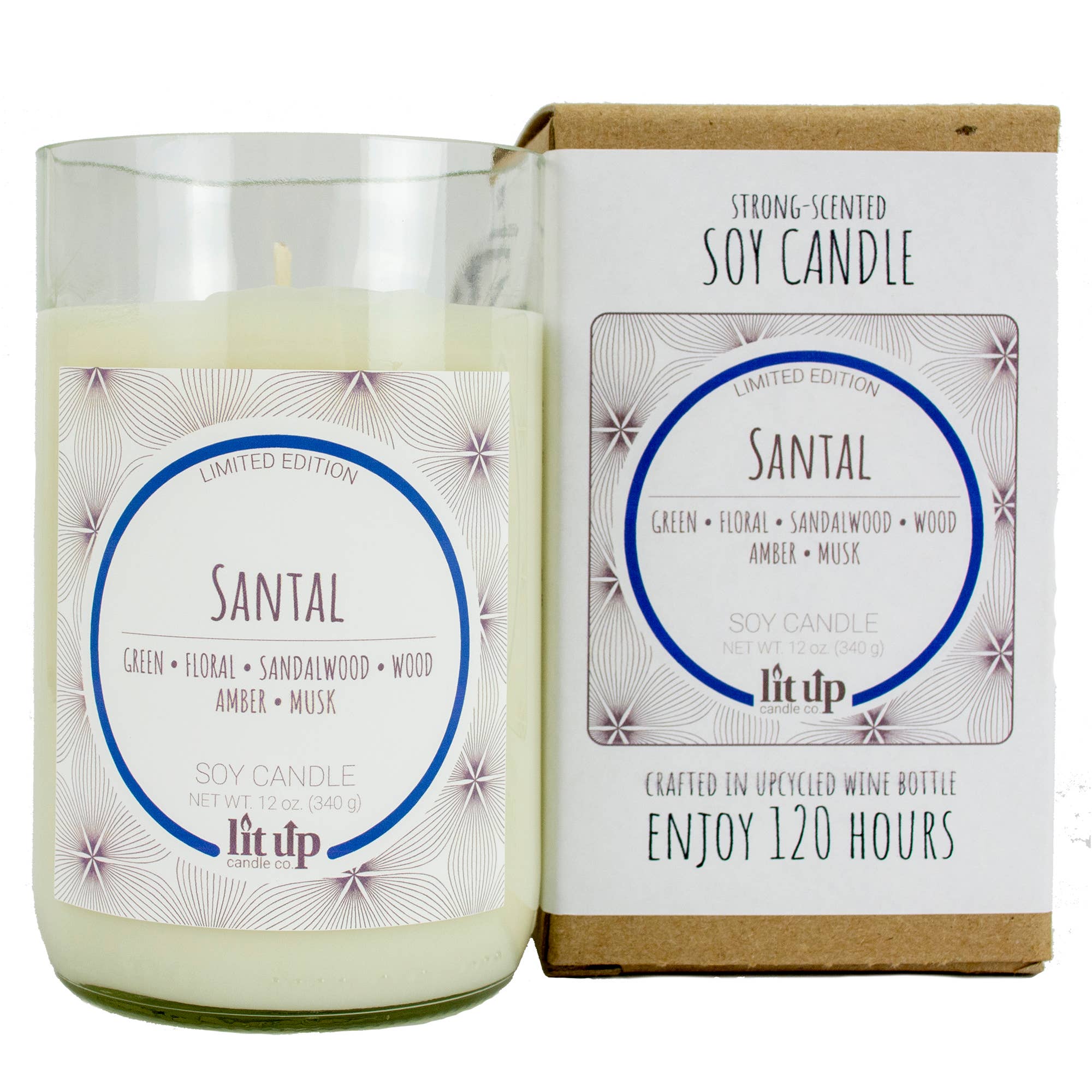 Lit Up Candle Co. – wholesale Jar/filled candle – Santal scented 12 oz. soy candles in upcycled wine bottles2