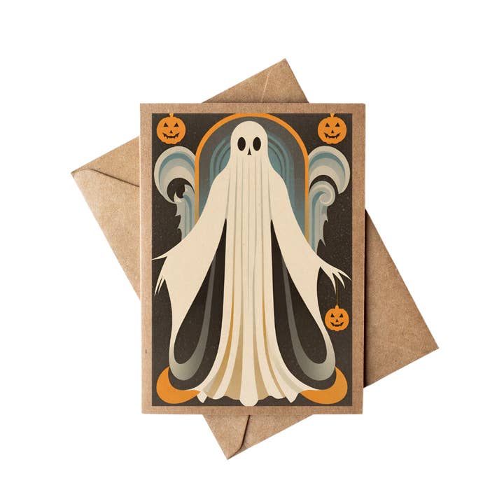 Art Deco Ghost and Pumpkins Kraft Paper Halloween Card for wholesale by Cryptic Paper Co.