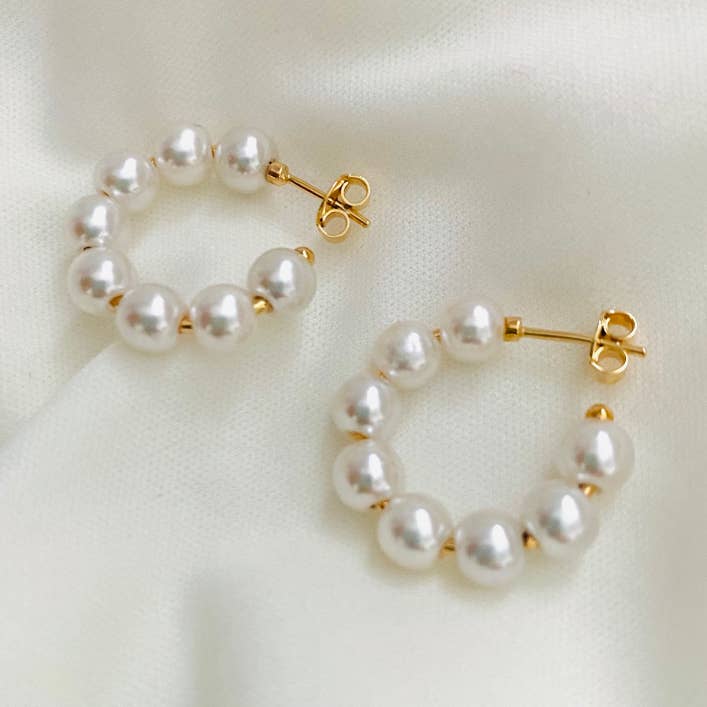Gold Pearl Hoops, Pearl hoop Earrings, Pearl Hoops, Gold Pea for wholesale by Housegoldjewelry