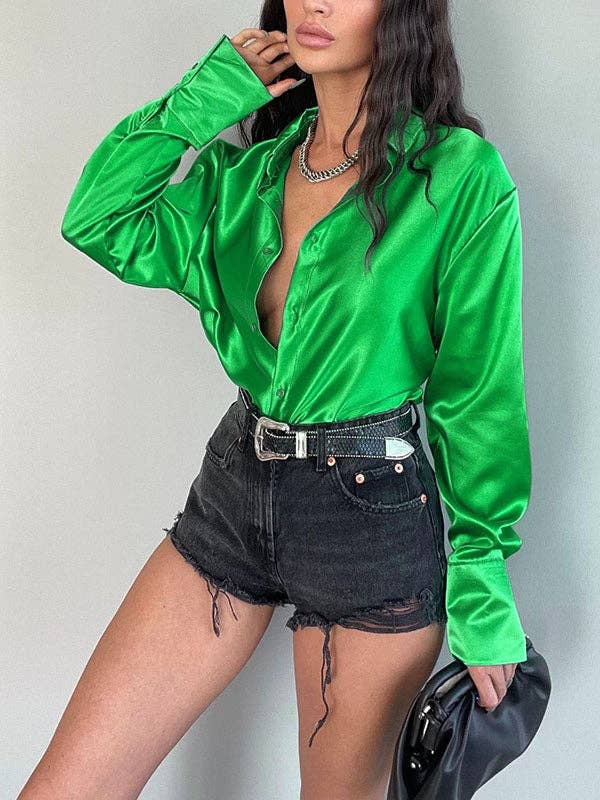 UZ Wholesale Store - Wholesale Button Down Shirt - Women's - Long Sleeves Loose Buttoned Shiny Solid Color Lapel Blouses&Shirts Tops6