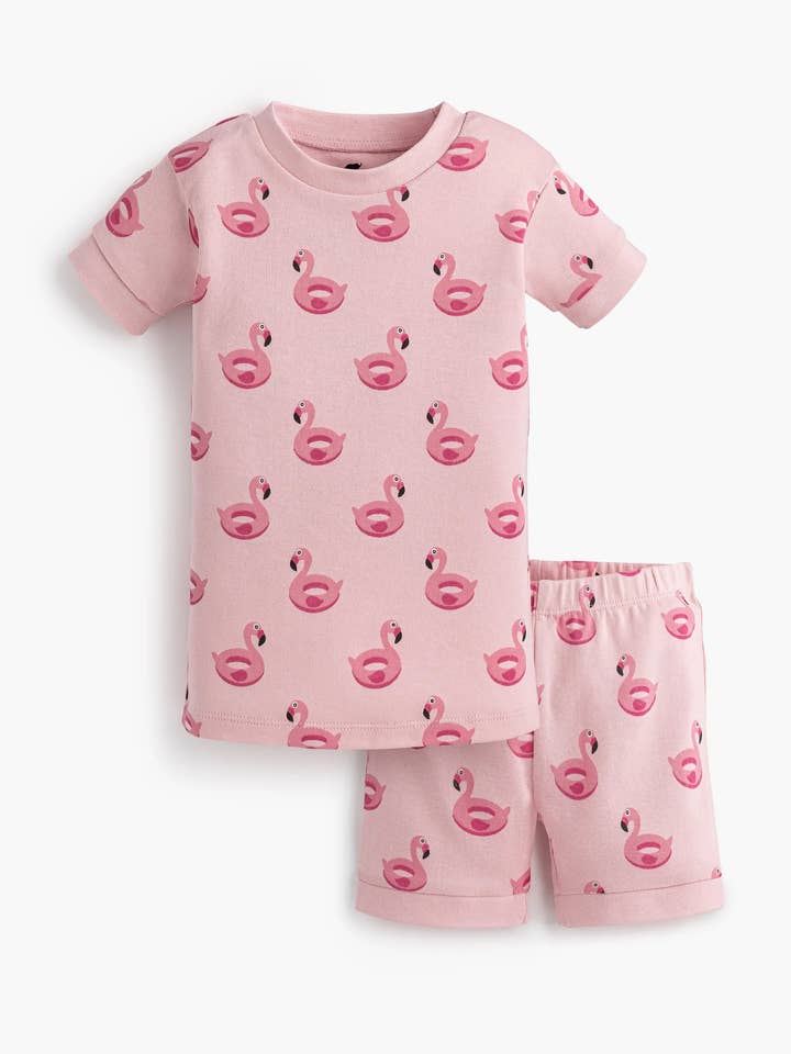 Two-Piece Shorty Pajama Set_Flamingo Floaties on Light Pink for wholesale by Monica + Andy