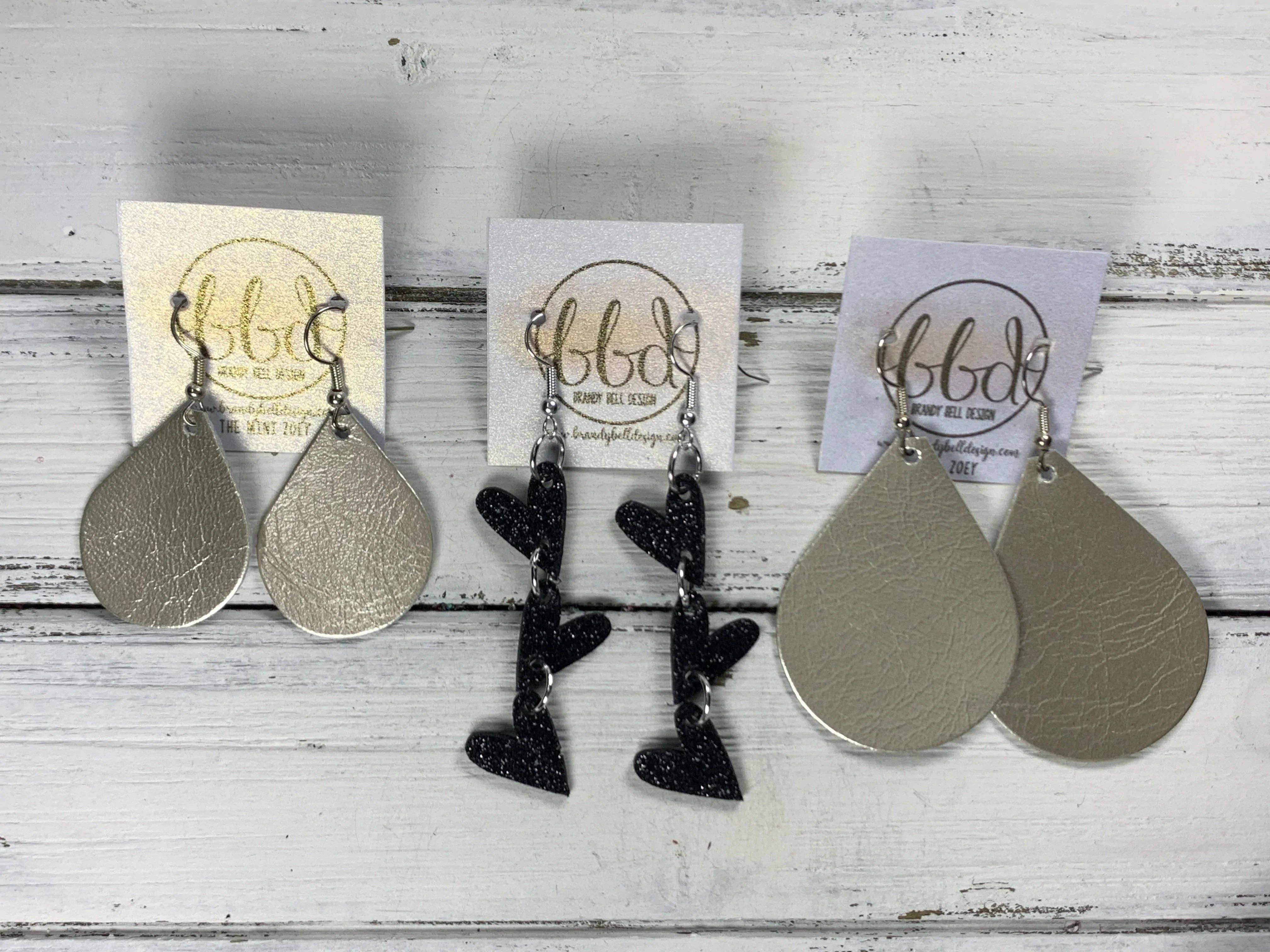 Brandy Bell Design - Wholesale Dangle Earrings - LINKED HEARTS -   Tiny Hearts Collection || Leather Earrings  ||   <BR> ROSE GOLD GLITTER ON THICK LEATHER1