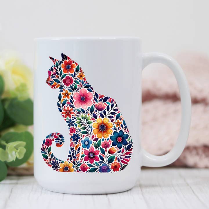 Tasse à café 15oz Fleurs de Printemps Été Chat pour la vente par Prairie Chicken Sticker Shop & Gifts