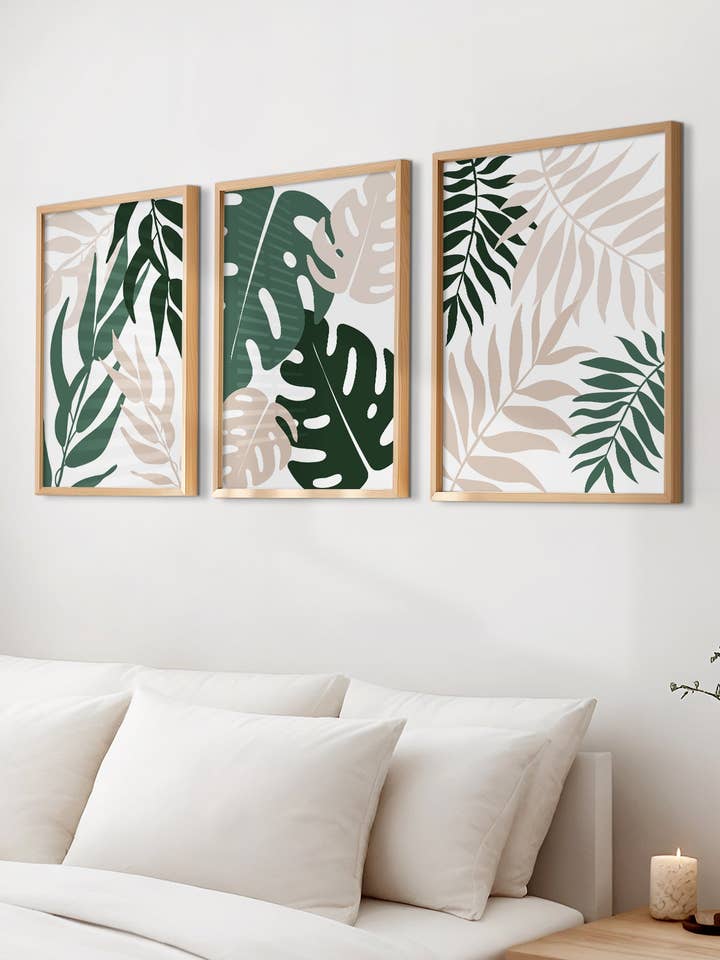 Sæt med 3 grønne og cremefarvede bladkunstværker til væggen for engroshandel hos THE WALL HABITAT