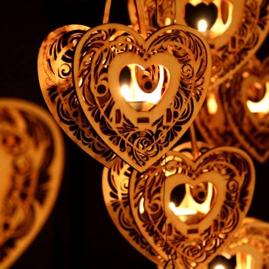 One Man One Garage - Wholesale DIY Craft Kit - Heartstrings, Hanging Tealight Luminaire kits. Natural wood model kit you snap together!