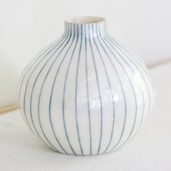 7.5"x 7" Capiz Onion Vase (Nat/Blue Lines) for wholesale by Dekorasyon Gifts Decor