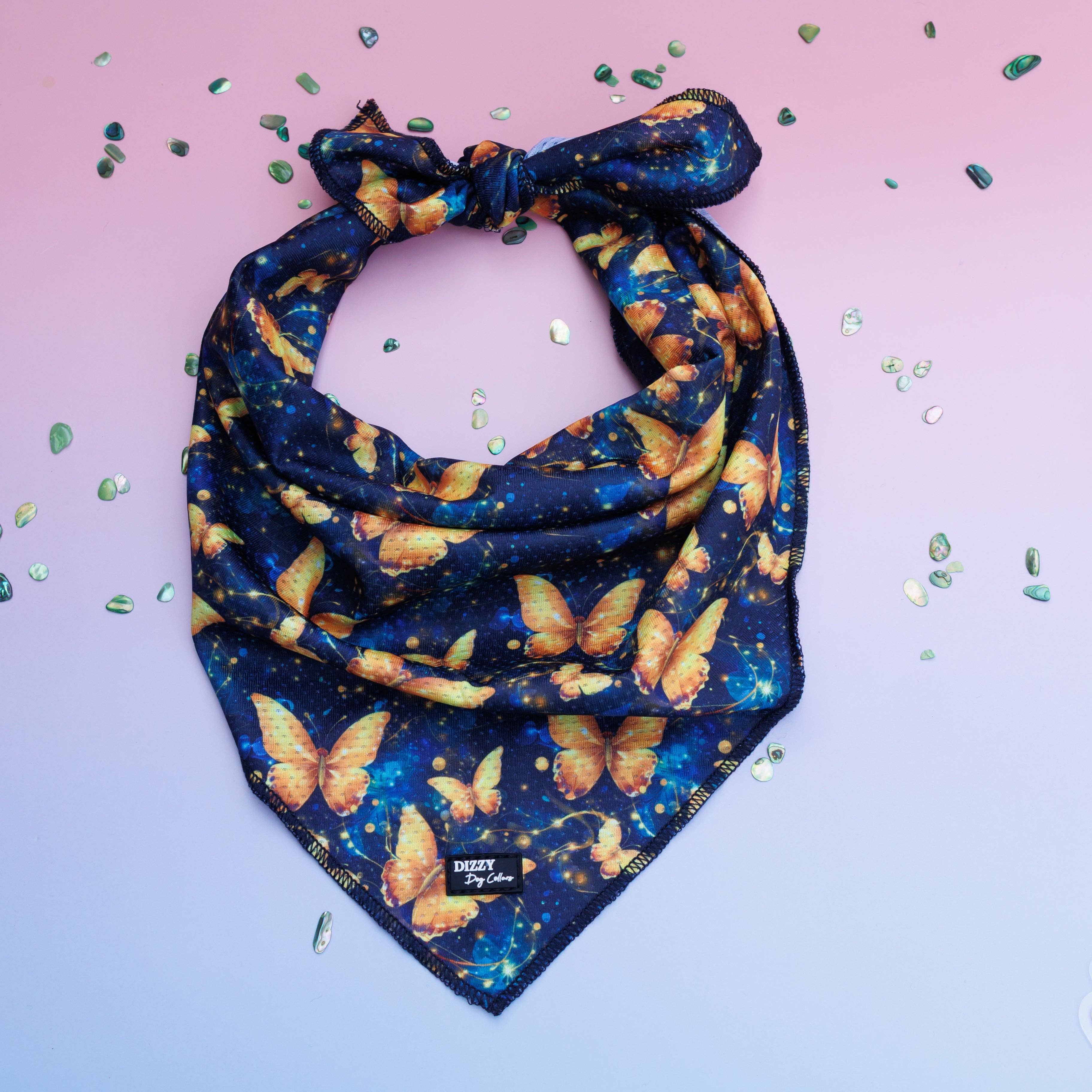 Dizzy Dog Collars - Wholesale Pet Bandana - Dog - Bandana | Golden Glow: Butterflies | Tie Up Dog Bandana0