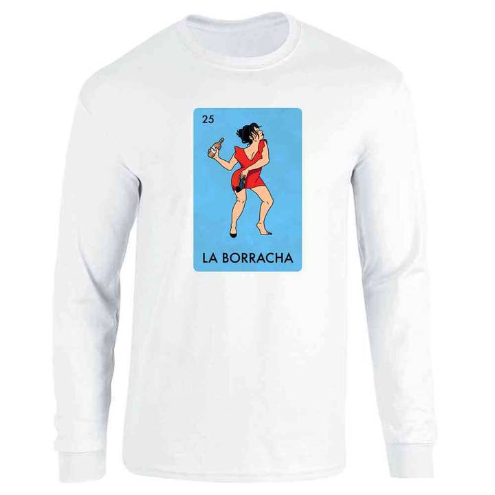 Pop Threads - Venta al por mayor Camiseta serigrafiada - Mujer - La Borracha Drunk Woman, divertida parodia de la lotería mexicana, manga larga