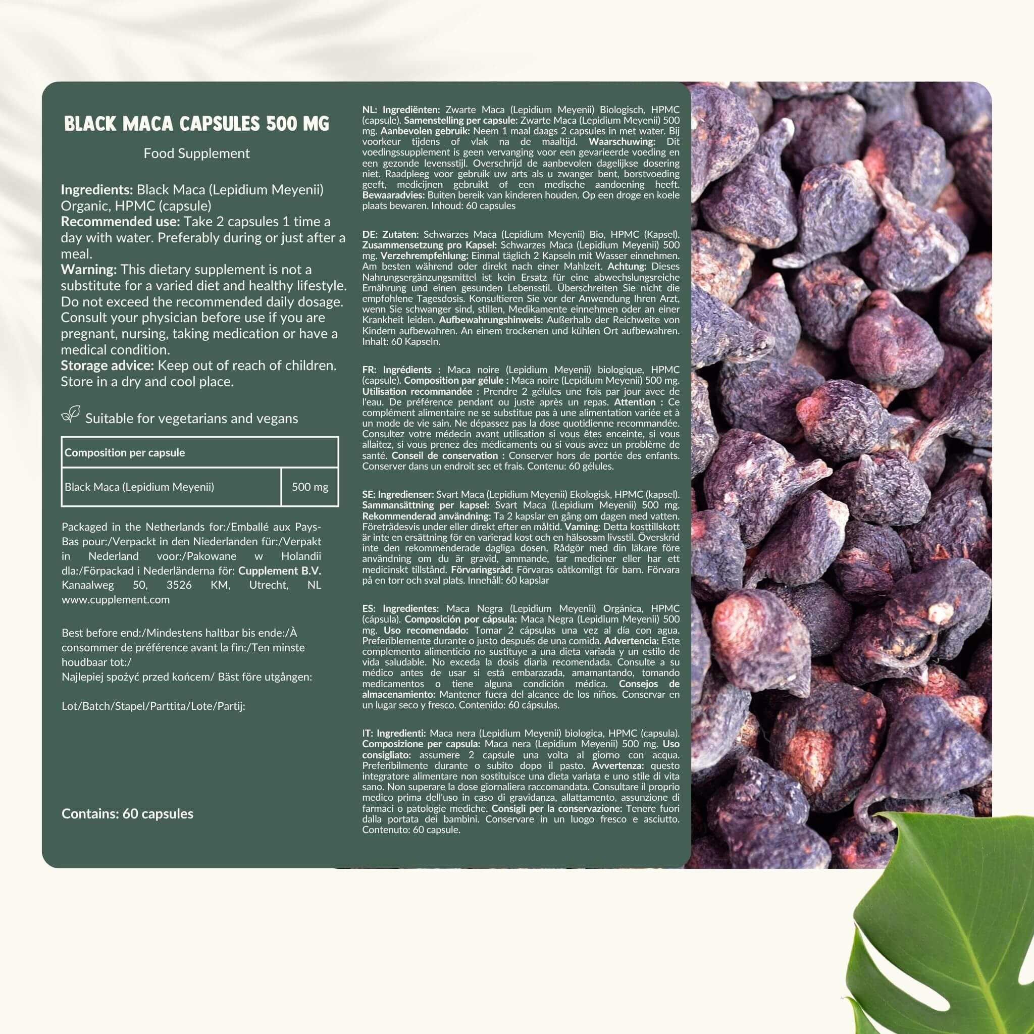 Cupplement b.v. - Vente Supplément oral/vitamine - Gélules de Maca Noire 500mg Bio 100 Gélules7