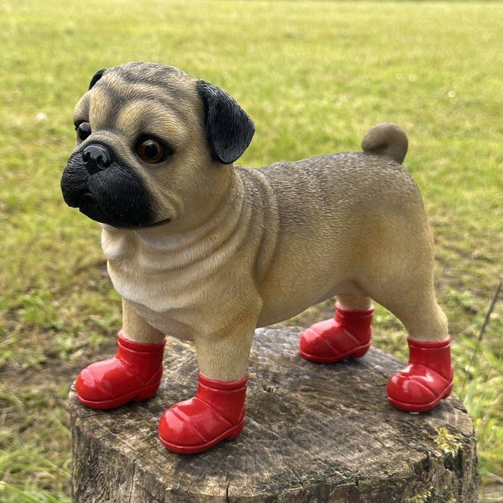 Pug Welly Dog in Red Wellington Boots figurine, 25cm, gift boxed for wholesale by Animal Crackers