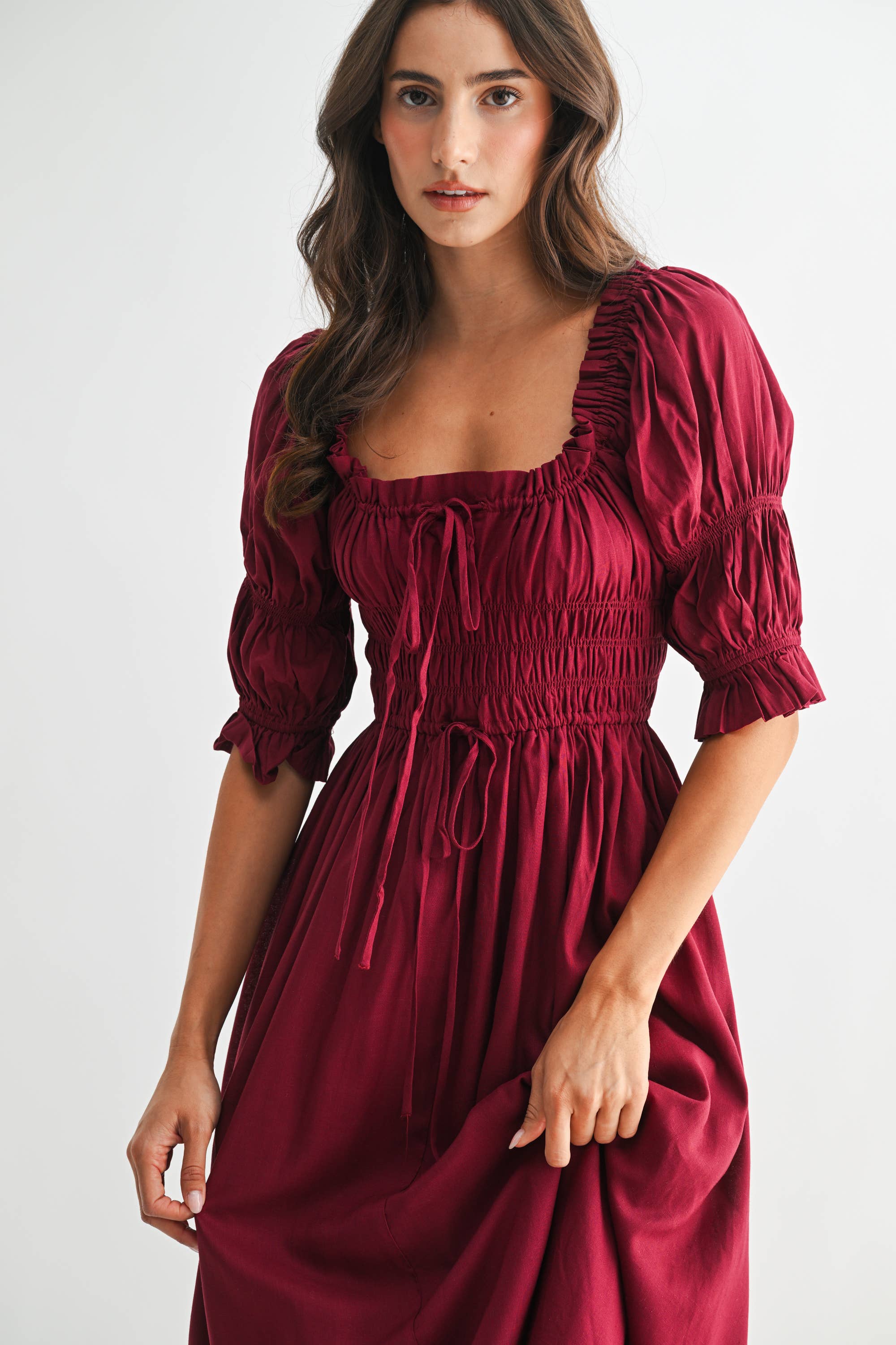 Camellia - Vente Robe – femme - ROBE MIDI ÉPAULES DÉNUDÉES SMOCKÉE AVEC JUPE PLISSÉE11