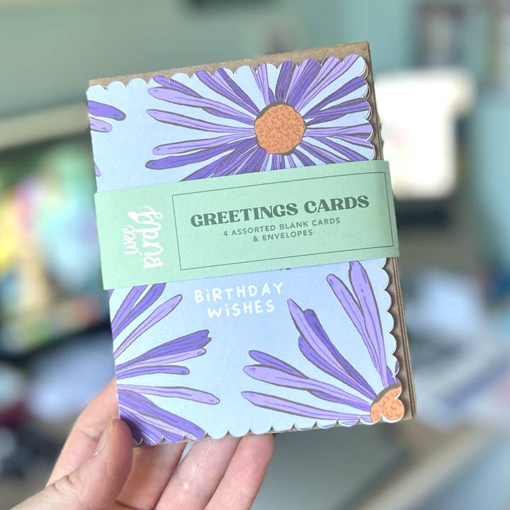 4-Pack Assorted Birthday Wishes Scalloped Edge Floral Card for wholesale by Wee Birdy