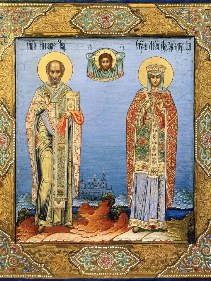 Icona di San Nicola il Taumaturgo e Sant'Alessandra la Martire con il Santo Mandylion per la vendita all'ingrosso da parte di Iconsofsaints