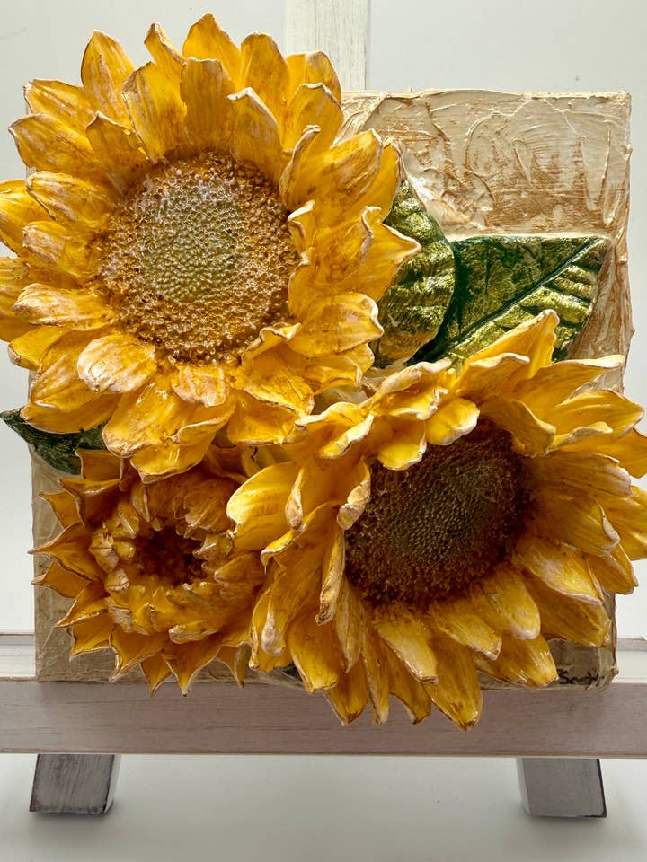 6X6 inch Sunflowers 2 & A Bud Sculpted Bouquet Artwork for wholesale by TamScottArt