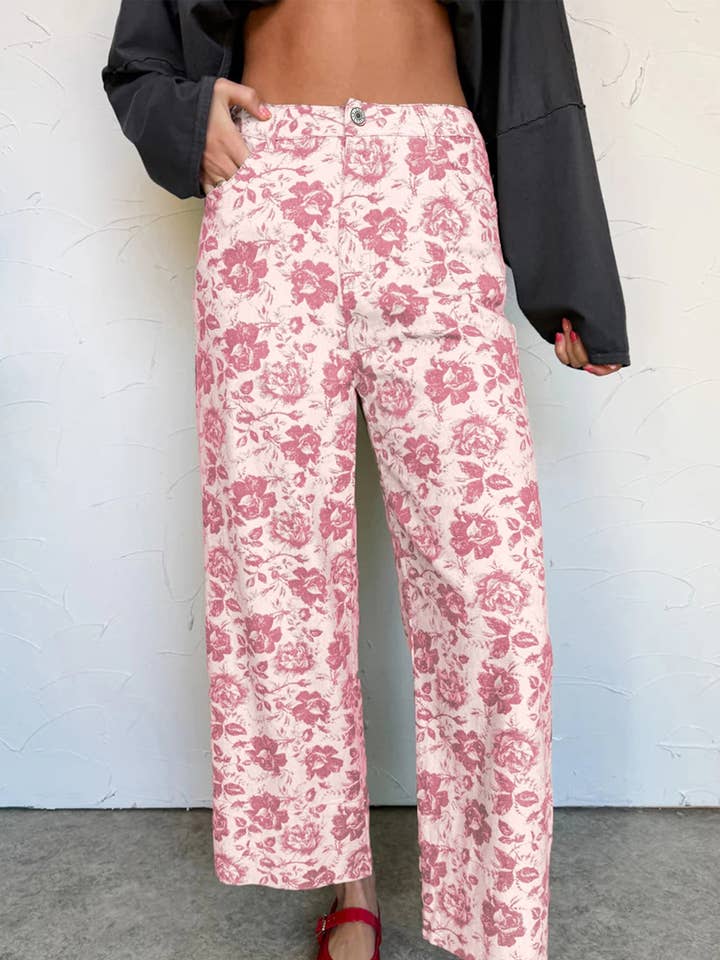 Pink Vintage Floral Print Wide Leg Denim Pants for wholesale by Suhkasana