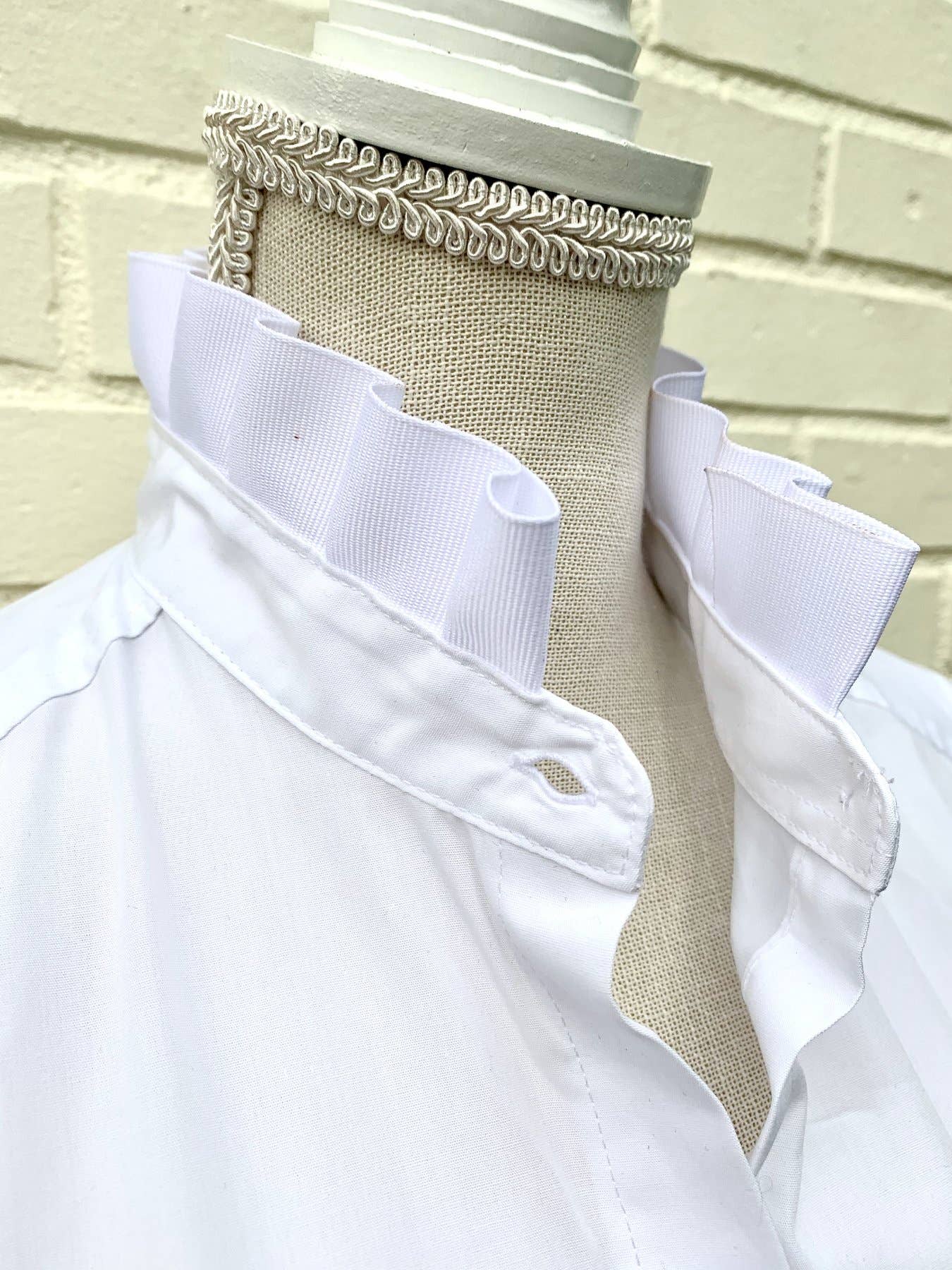 Pearly Vine - Wholesale Button Down Shirt - Women's - Barbara Ann Poplin Ribbon Trim 3/4 Sleeve - White White3