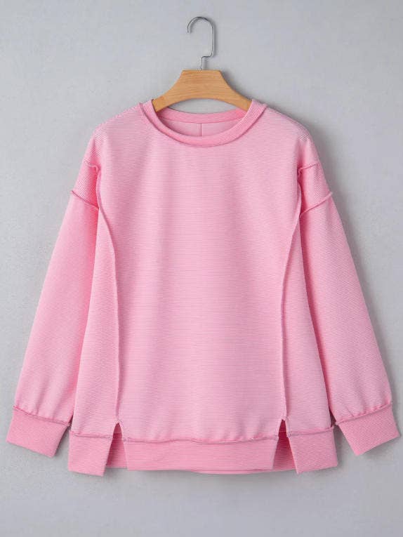 Pink Horizontal Ribbed Exposed Seam Detail Drop Shoulder Baggy Pullover for wholesale by Sweet Lover Fashion