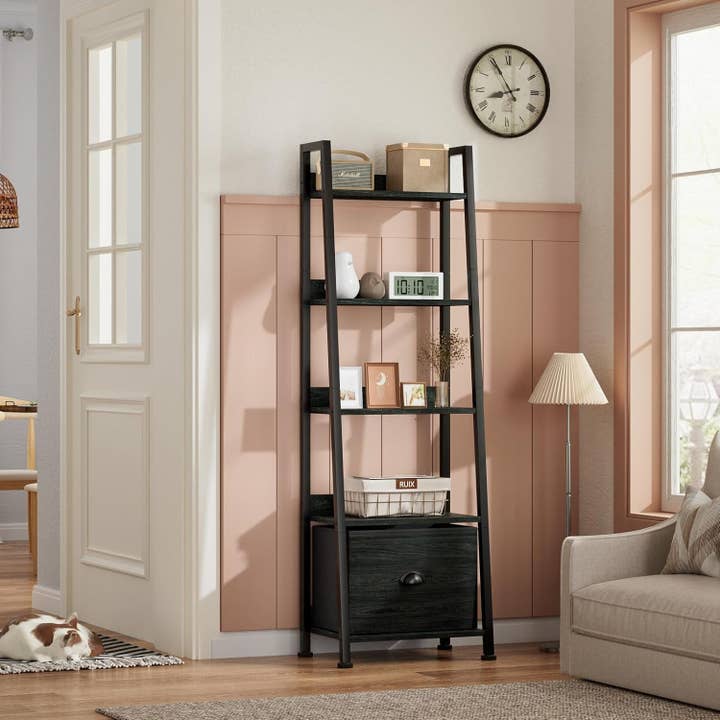 Black Oak 5-Tier Ladder Shelf with Drawer for Stylish Storage for wholesale on Faire
