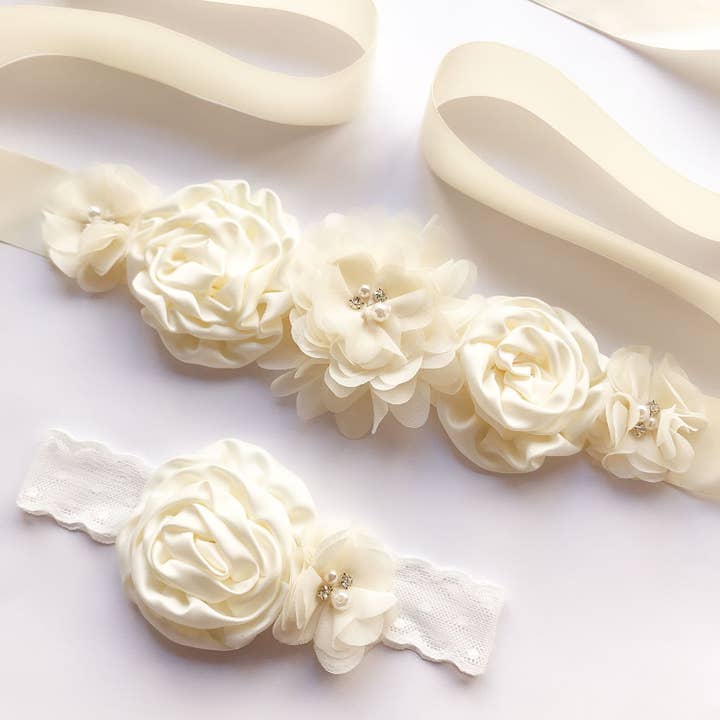 Floris Linens - Wholesale Fashion Headband - Women's - Floral Flower Girl Sash, Bridal Belt, Matching Headband