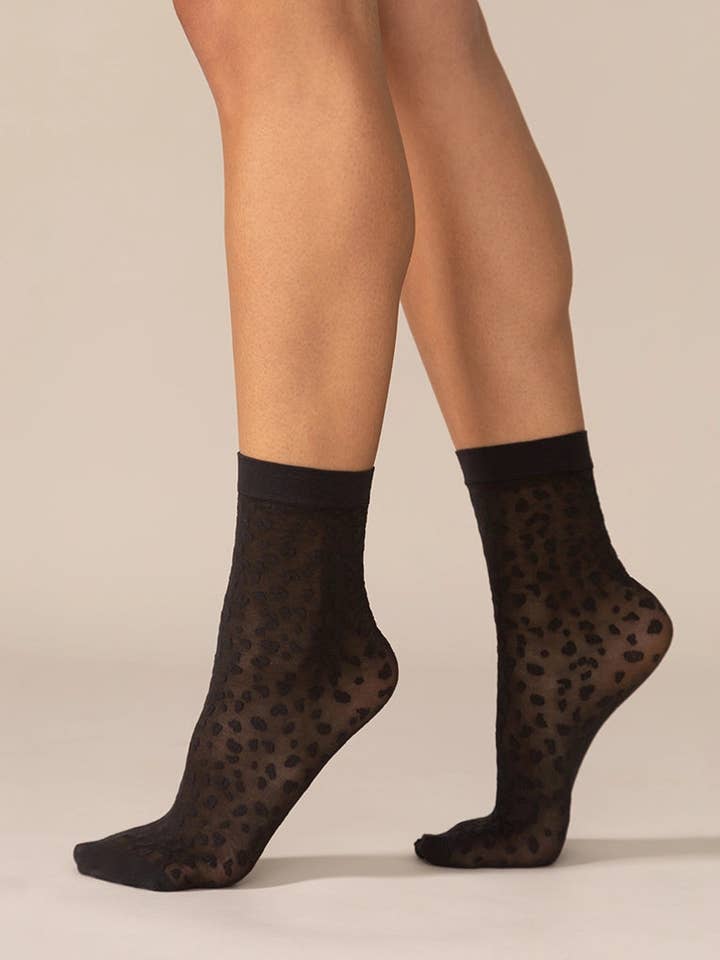 Rachel - Wholesale Socks - Women's - Mini Leopard Sheer Socks in Black - Boxed
