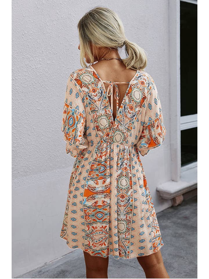 Supreme Fashion - Wholesale Dress - Women's - Boho Print Wrap Neck Tie Back Pleated Hem Dress