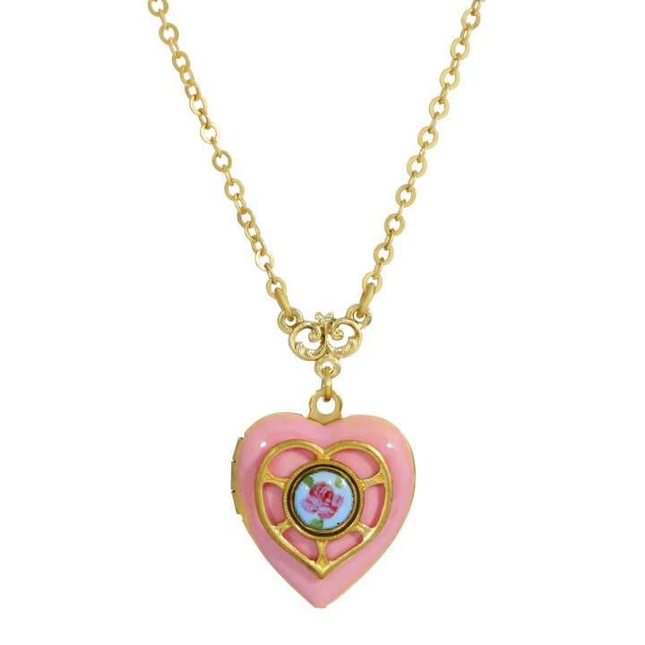 1928 Jewelry - Wholesale Locket necklace - 1928 Jewelry Enameled Heart & Floral Decal Locket Necklace2