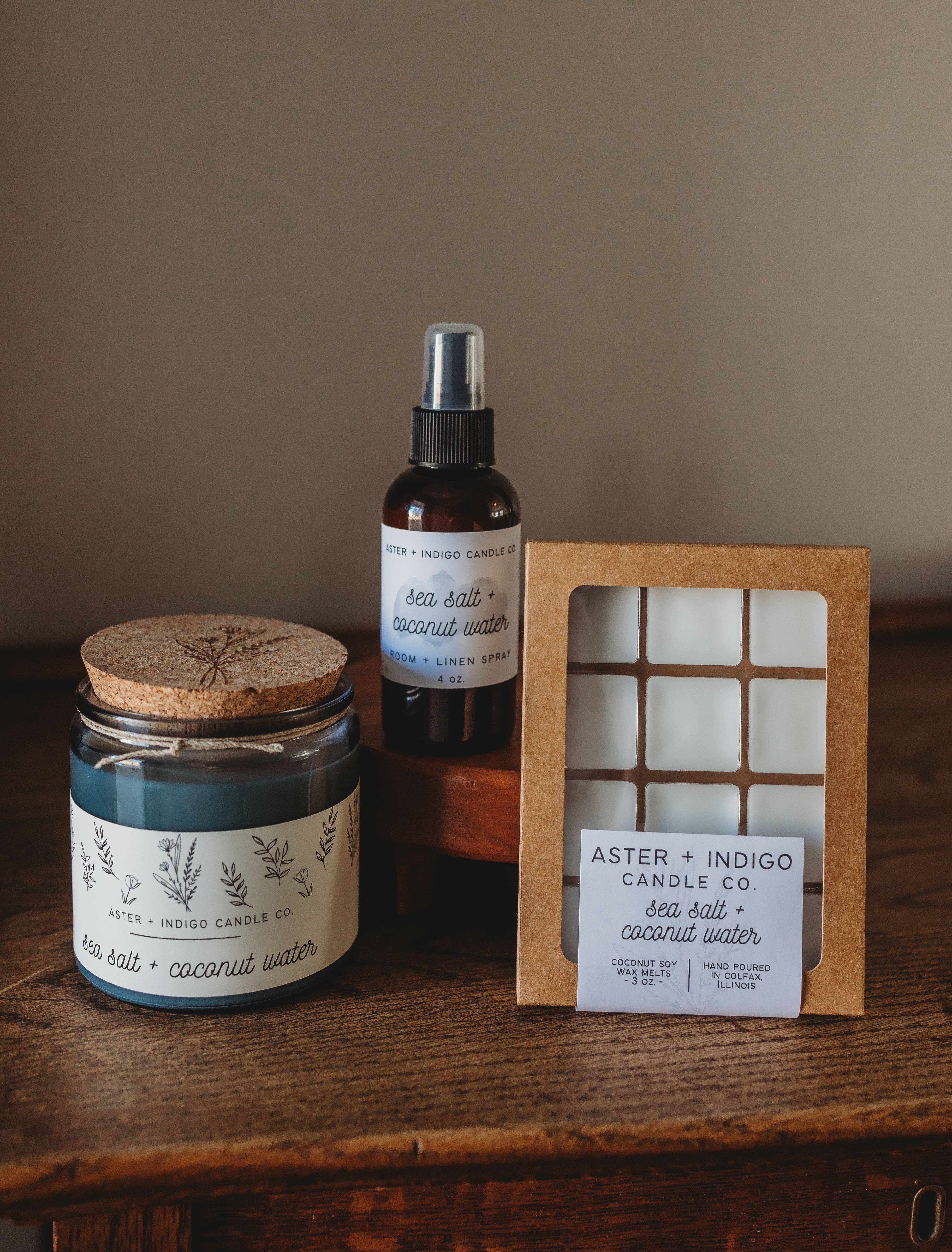Aster + Indigo Candle Co. - Vente Bougie en bocal - Sel marin et eau de coco | Bougie printemps-été1