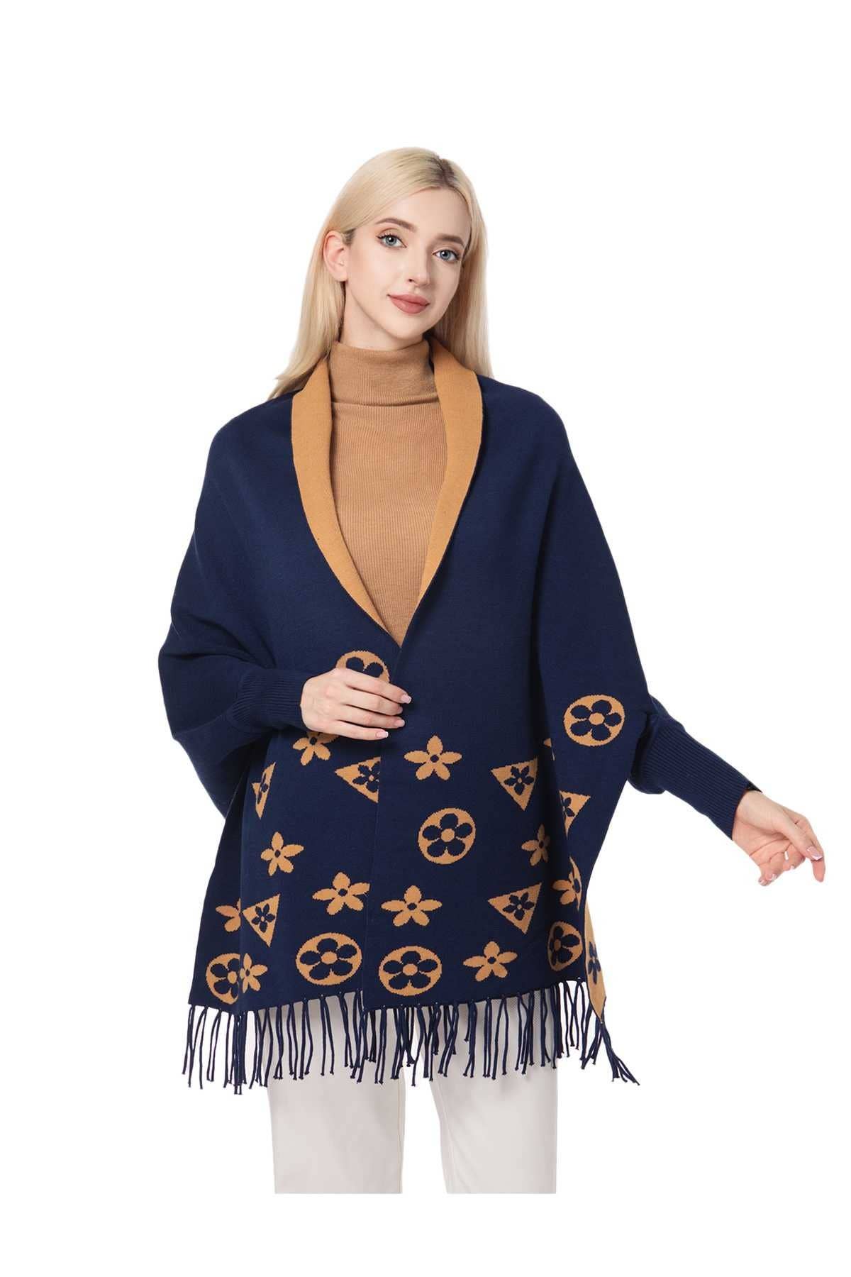 marineblau Geometrisches Muster Ärmel Shrug mit Fransen für den Großhandel auf Faire0