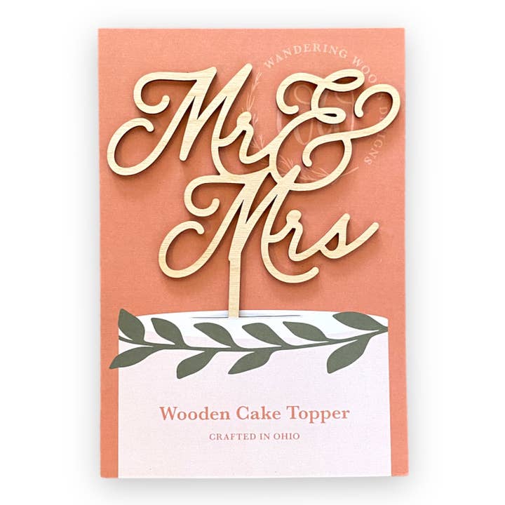 Mr. and Mrs. Wooden Wedding Cake Topper for wholesale by Wandering Woods Designs