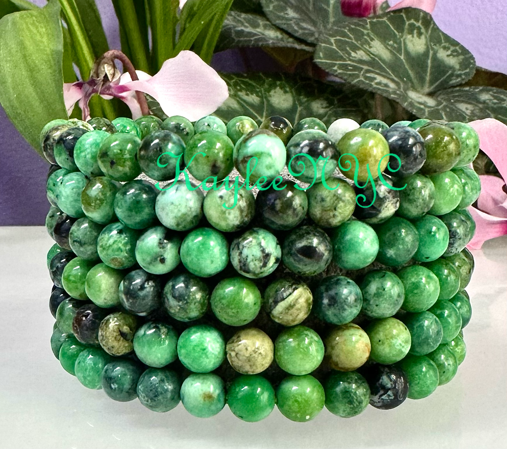 KayleeNYC - Wholesale Beaded Bracelet - 6mm Natural Variscite 7.5” Crystal Stretch Bracelet0