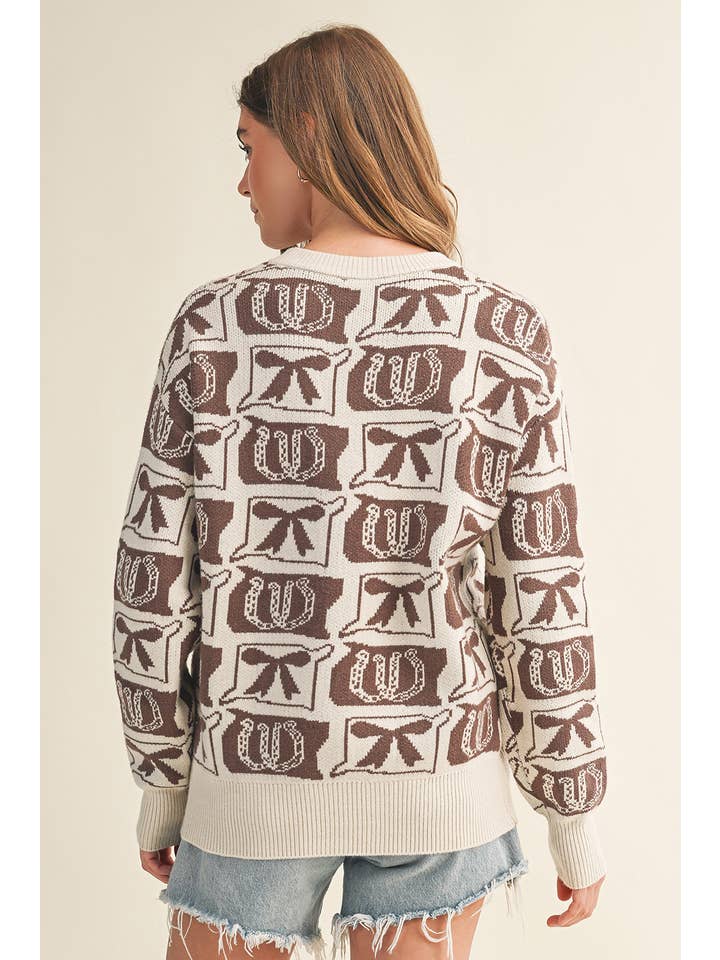 Aapparella - Wholesale Knit Sweater - Women's - Bows & Horseshoes Fashion Western Pattern Sweater | S-4X4
