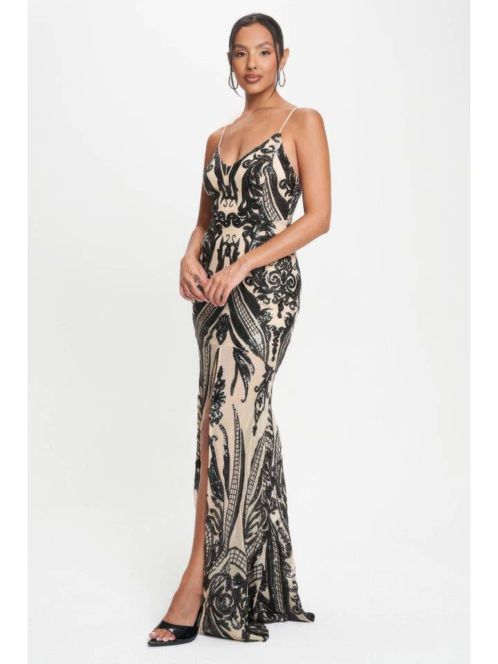 CC Wholesale Clothing - Wholesale Dress – Women's - Spaghetti Strap Art Deco Sequins Maxi Dress16