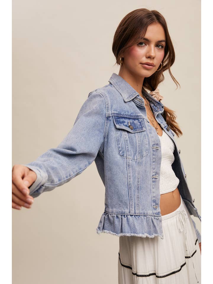 Listicle - Wholesale Denim Jacket - Women's - Ruffled Hem Denim Jacket LJ02366