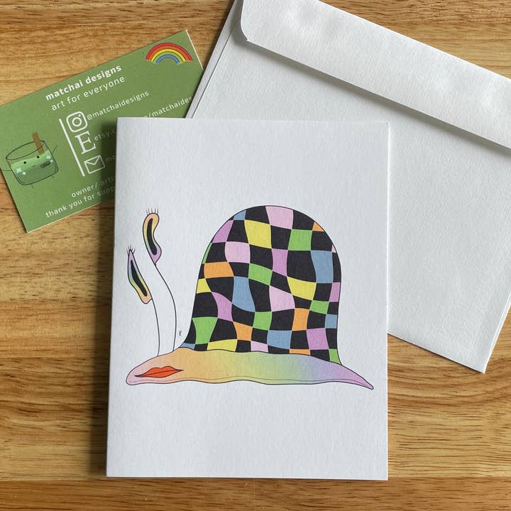 checkerboard snail greeting card for wholesale by Matchai Designs