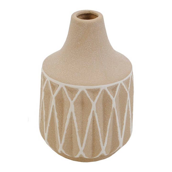 Stoneware Tan Vase with Geometric Design - 6" for wholesale by Will's Company