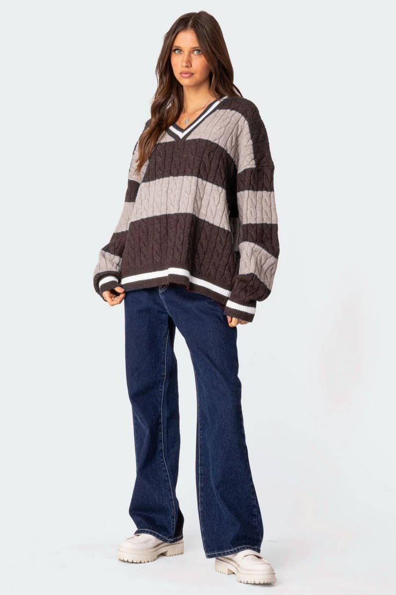 NINEXIS - Wholesale Knit Sweater - Women's - CWOSWL08090_V NECK STRIPED COLORBLOCK KNIT SWEATER6