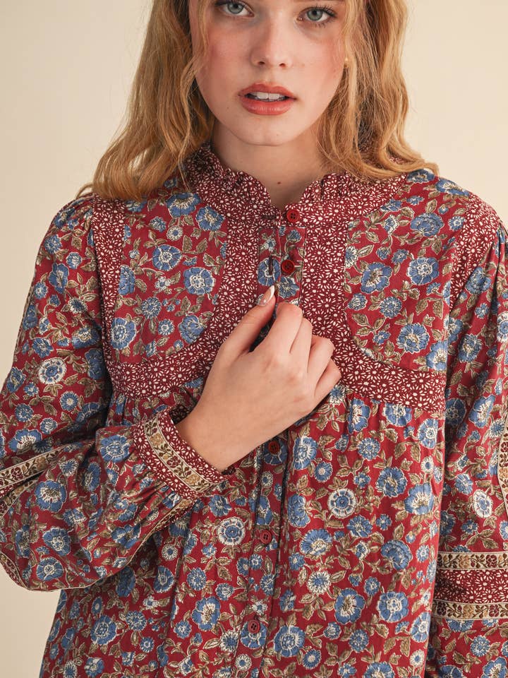 MIXED PRINT FLORAL TRIM BUTTON DOWN TOP MTP4455 for wholesale by &MERCI