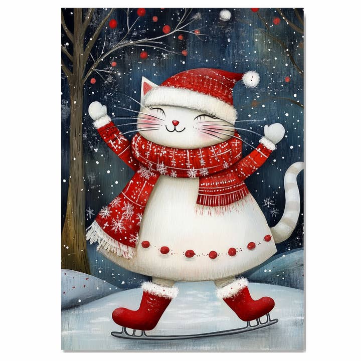 Cat Ice Skating Joyfully in White Holiday Dress Canvas for wholesale by Art Paradise Studios