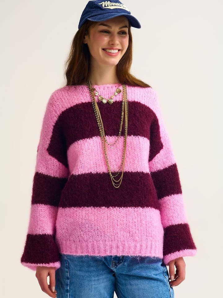 Pink Fluffy Striped Knit Sweater with Balloon Sleeves for wholesale by Q2—All Orders:Free Duties for the US,UK,and Canada