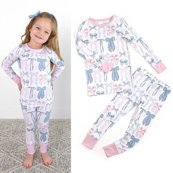 Gigi and Max - Wholesale Sleepwear Set - Kids - Samantha Bows TWO PIECE - NO BUTTON Bamboo Kids Lounge