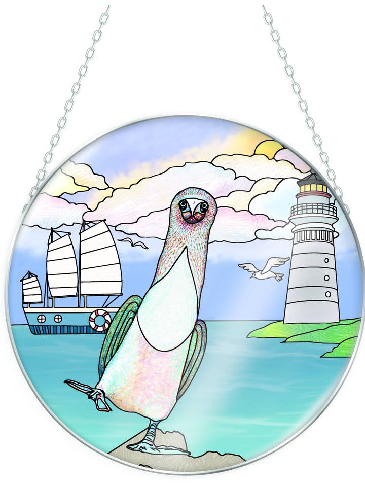 Blue Footed Booby - 6.5" Large Glass Circle Suncatcher for wholesale by Bridgeton Hall