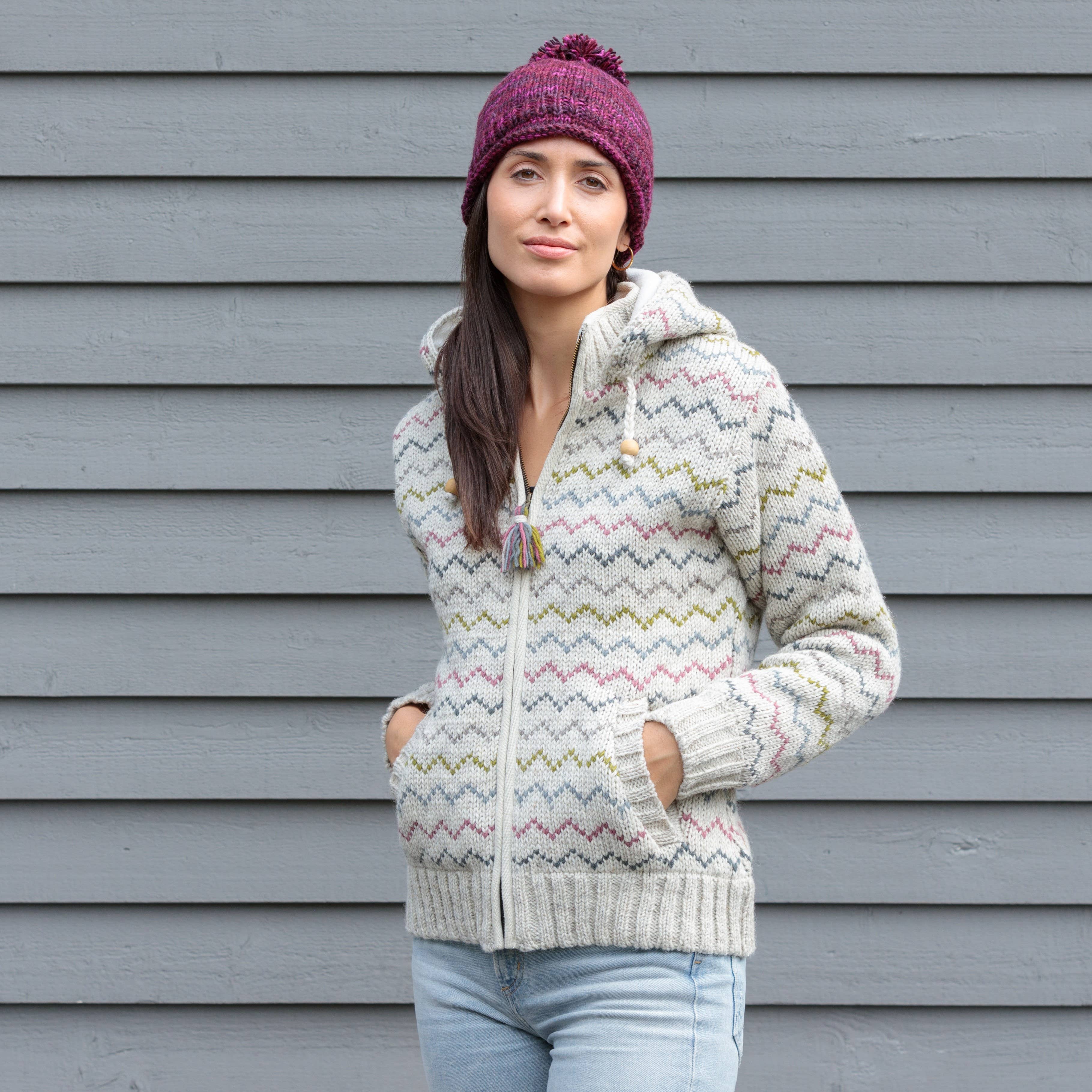 Lost Horizons Knitwear – Ships from USA - Vente Pull en maille – femme - Hoodie en laine à chevrons pour femme Ziggy4